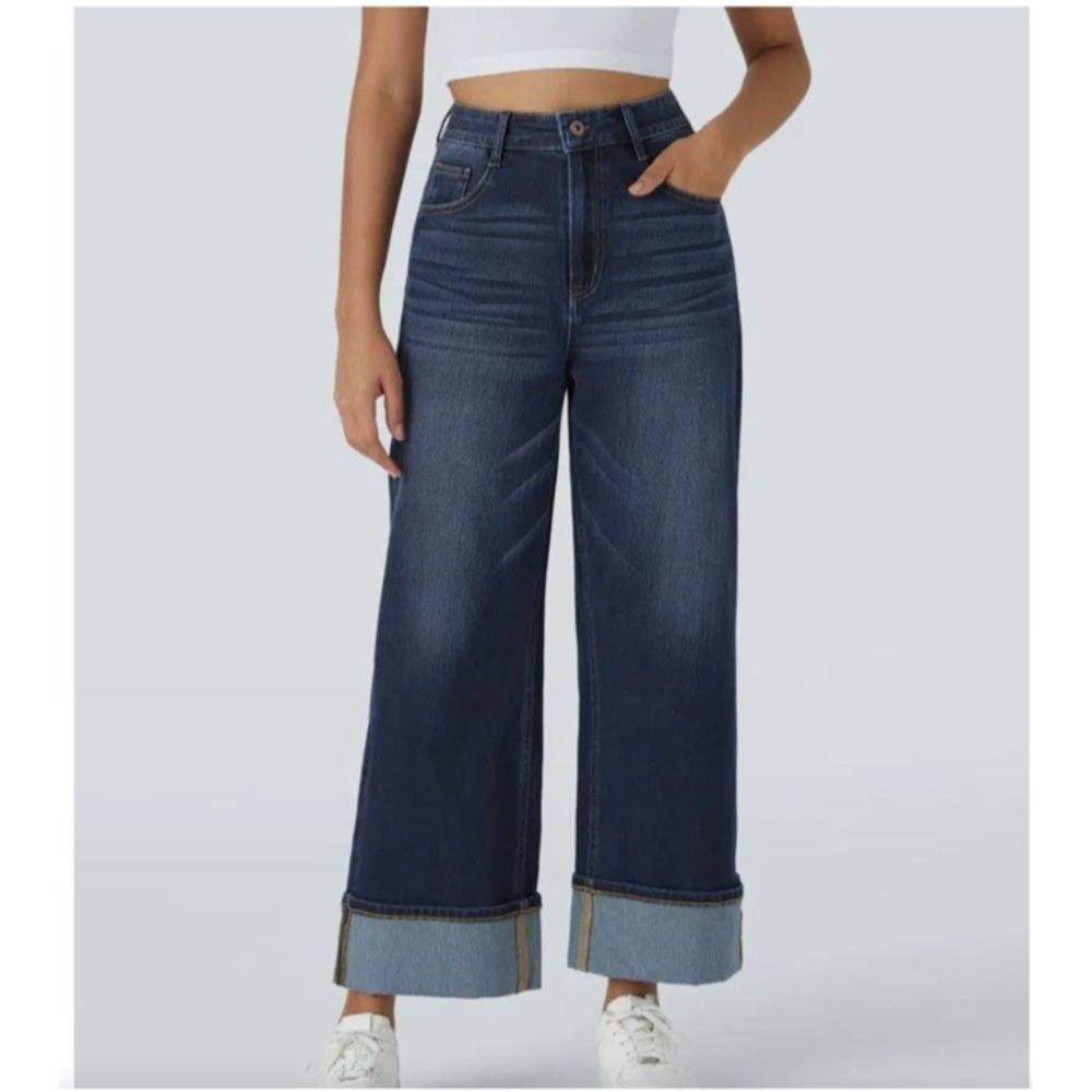 Halara Flex High Wide Leg Baggy Cuff Rolled Hem Jeans Dark Women's XL Tall Long